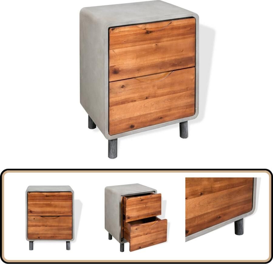 The Living Store Nachtkastje Industrieel Betonnen frame Massief acaciahouten lades Stalen poten 40x30x50 cm Nachtkastje Industrieel Nachttafel Beton Tafel Houten Lade Staal Poten