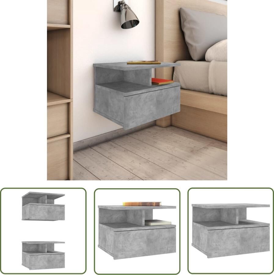 The Living Store Zwevend Nachtkastje Betongrijs 40 x 31 x 27 cm Wandmontage Met lade en open vakken (2 stuks) Bewerkt hout Zwevend Nachtkastje Beton Grijs Wandmontage Nachtkastje Houten Nachtkastje Compact Nachtkastje - Foto 2