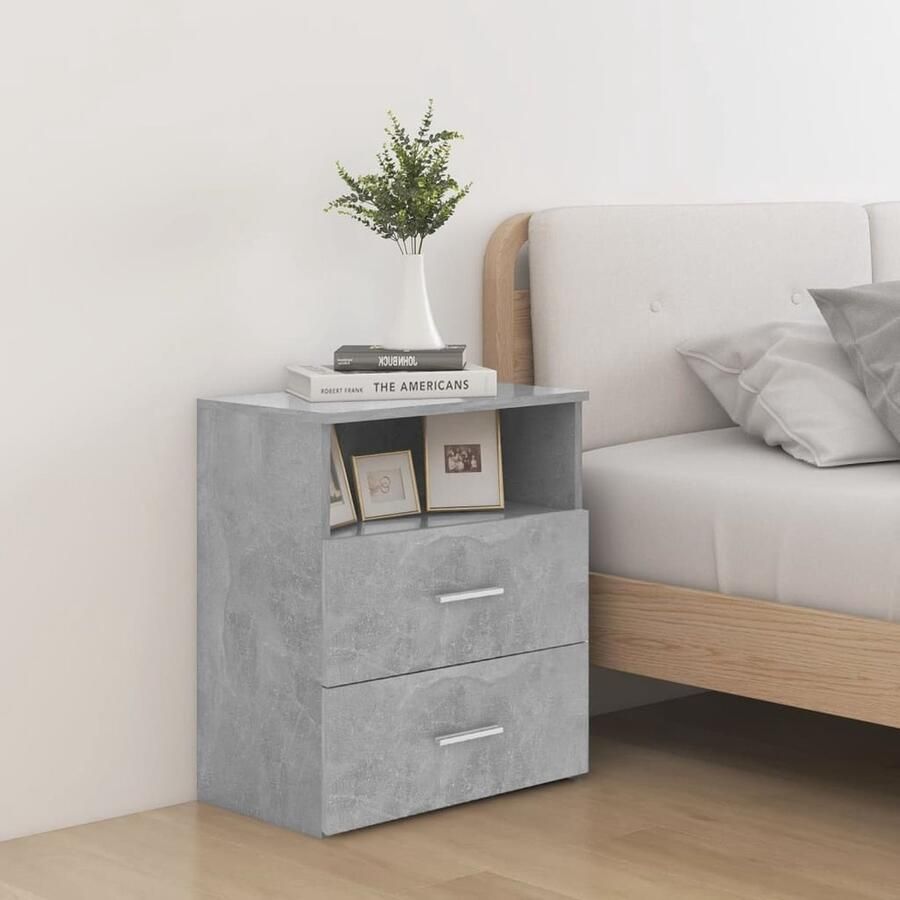 VidaXL Nachtkastjes Set van 2 Betongrijs 50x32x60 cm Nachtkastje Slaapkamermeubilair Bedkantje Houten Meubel Grijze Kamerdecoratie Opbergvak Lade Designkamer - Foto 2