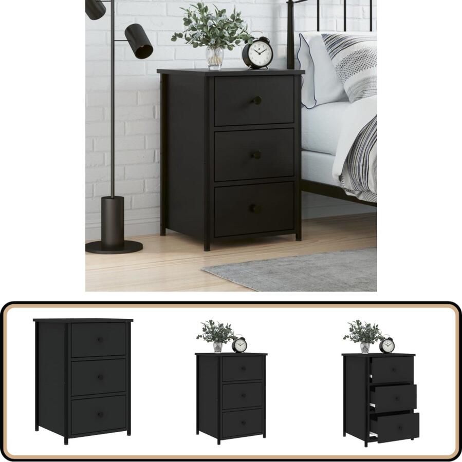 VidaXL Nachtkastje Bewerkt Hout 40x36x60 cm Zwart Nachtaand Industrieel Design Kast Houten Kast Zwarte Kast Slaapkamermeubel Opbergruimte Lade Kast Nachtlampje Woonaccessoires