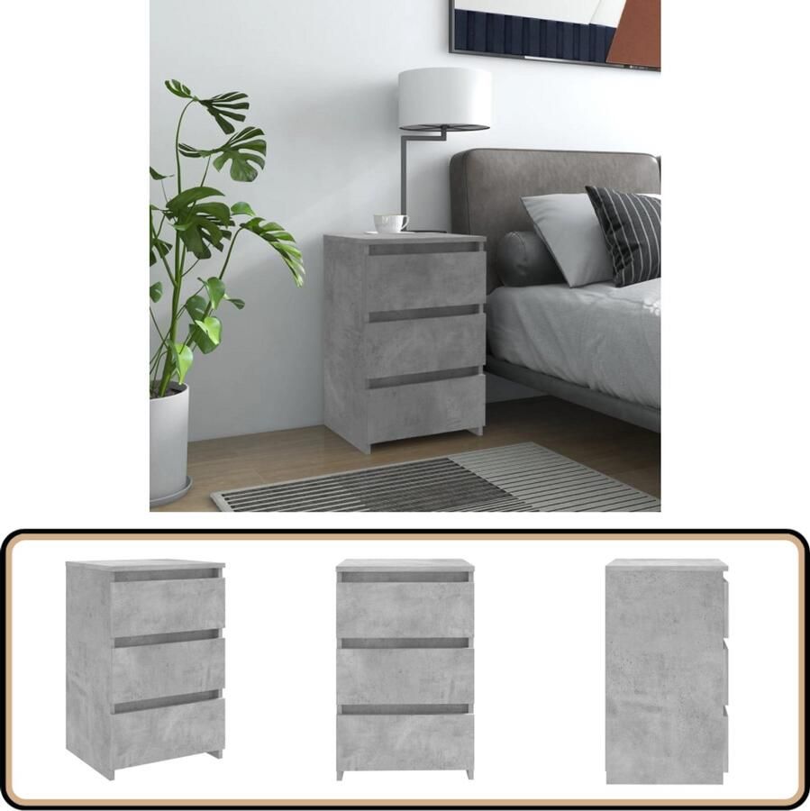 The Living Store Nachtkastje Betongrijs 40x35x62.5 cm 3 lades Stevige constructie Nachtkastje Slaapkamermeubel Houten Kast Grijze Kast Betonnen Kast - Foto 2