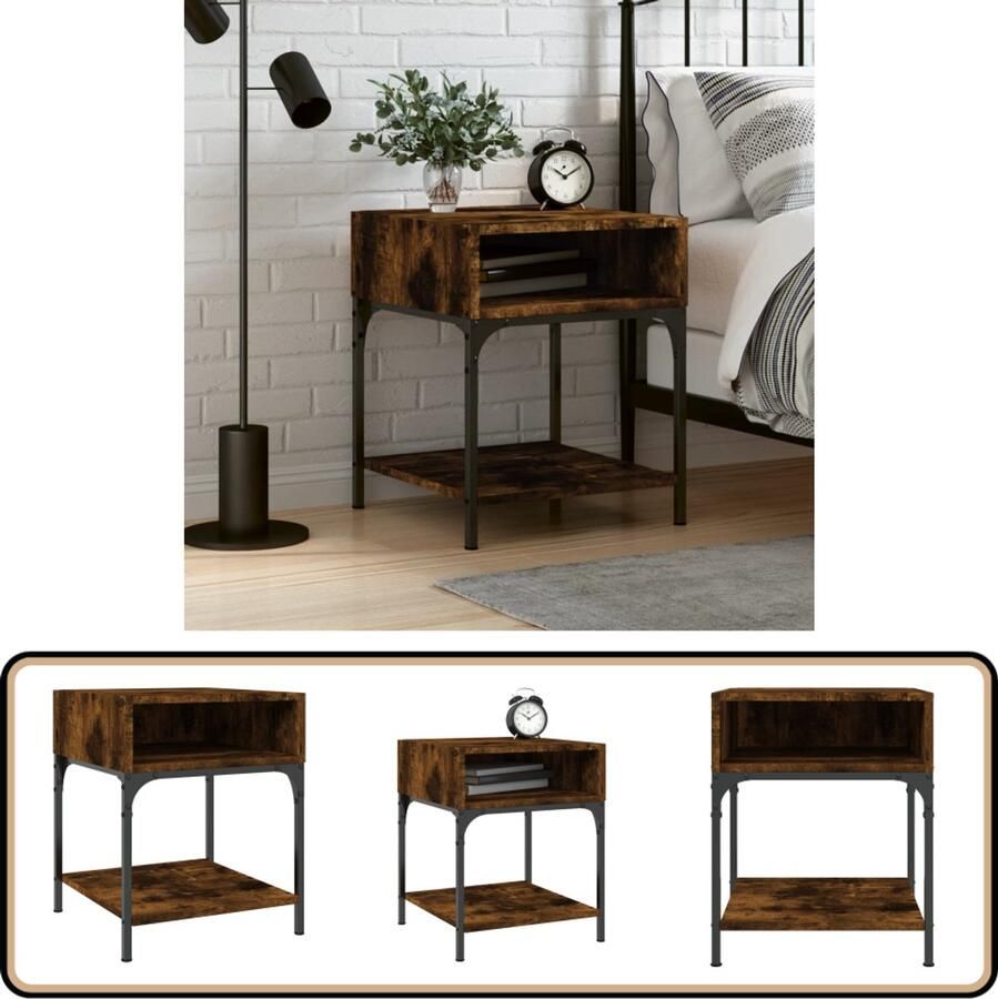 VidaXL Nachtkastje Bewerkt hout Gerookt eiken Nachtkastje Bijzettafel Houten Kast Bruine Kast Gerookte Eiken Kleur Slaapkamermeubel Opslagoplossing Verstelbare Poten