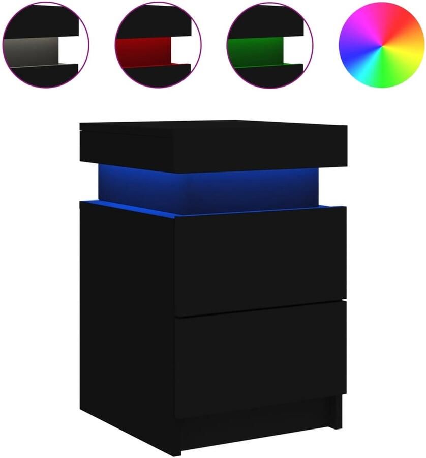 The Living Store Nachtkastje met LED-verlichting 35x39x55 cm zwart Nachtkastje Led Lamp Houten Kast Slaapkamerstijl Nachtlampje - Foto 2