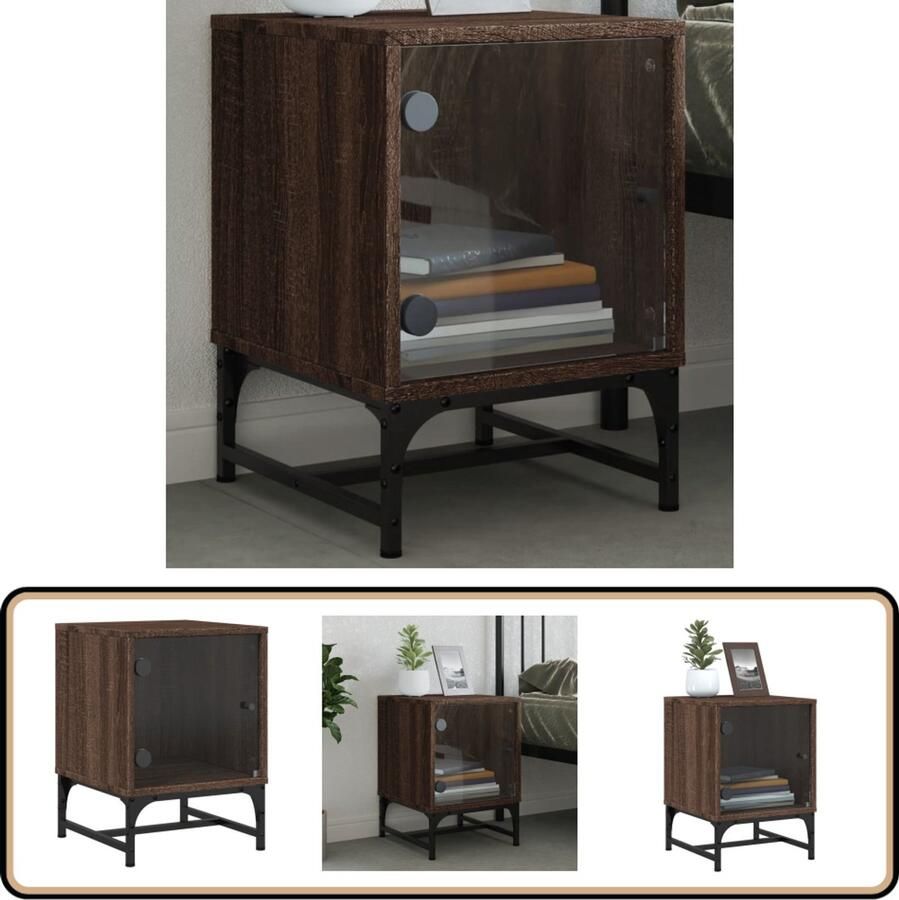The Living Store Nachtkastje met glazen deur 35x37x50 cm bruin eikenkleur Nachtkastje Bedbank Bijzettafel Houten Kast Bruine Eiken - Foto 2