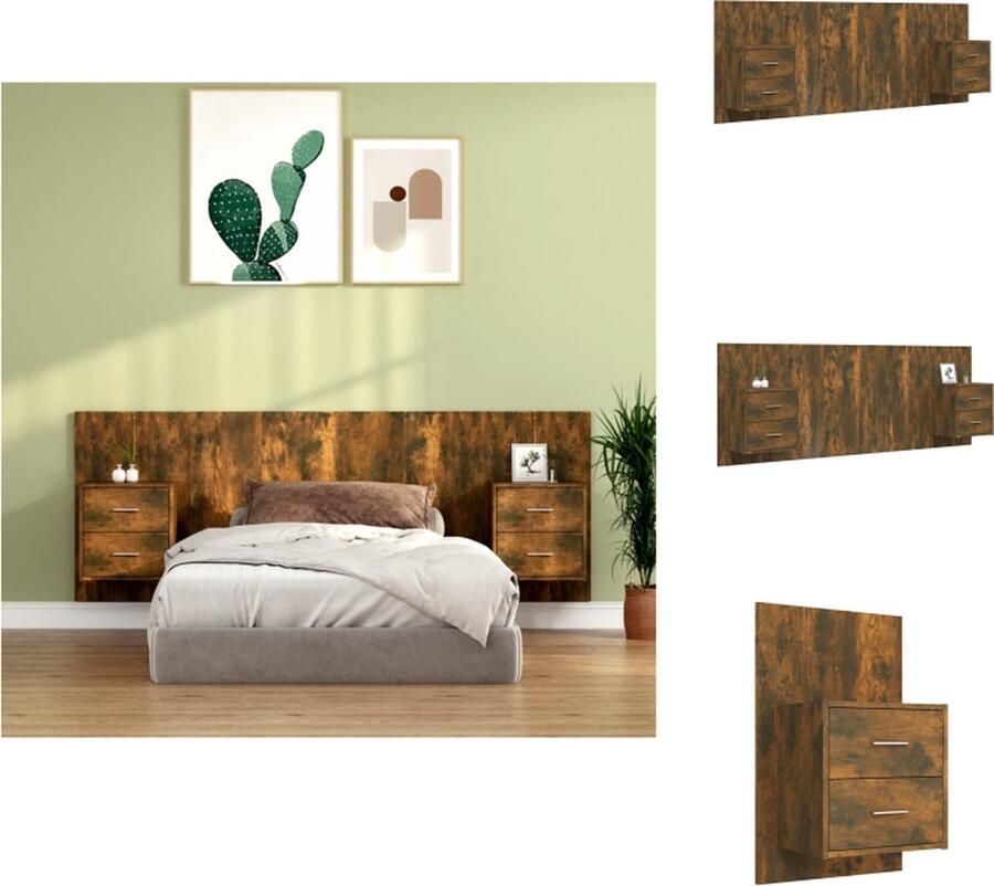 VidaXL Hoofdbord Met Kastje Hoofdborden Met Kastjes Hoofdeinde Wandnachtkastje Hoofdbord met kastjes bewerkt hout gerookt eikenkleurig - Foto 2