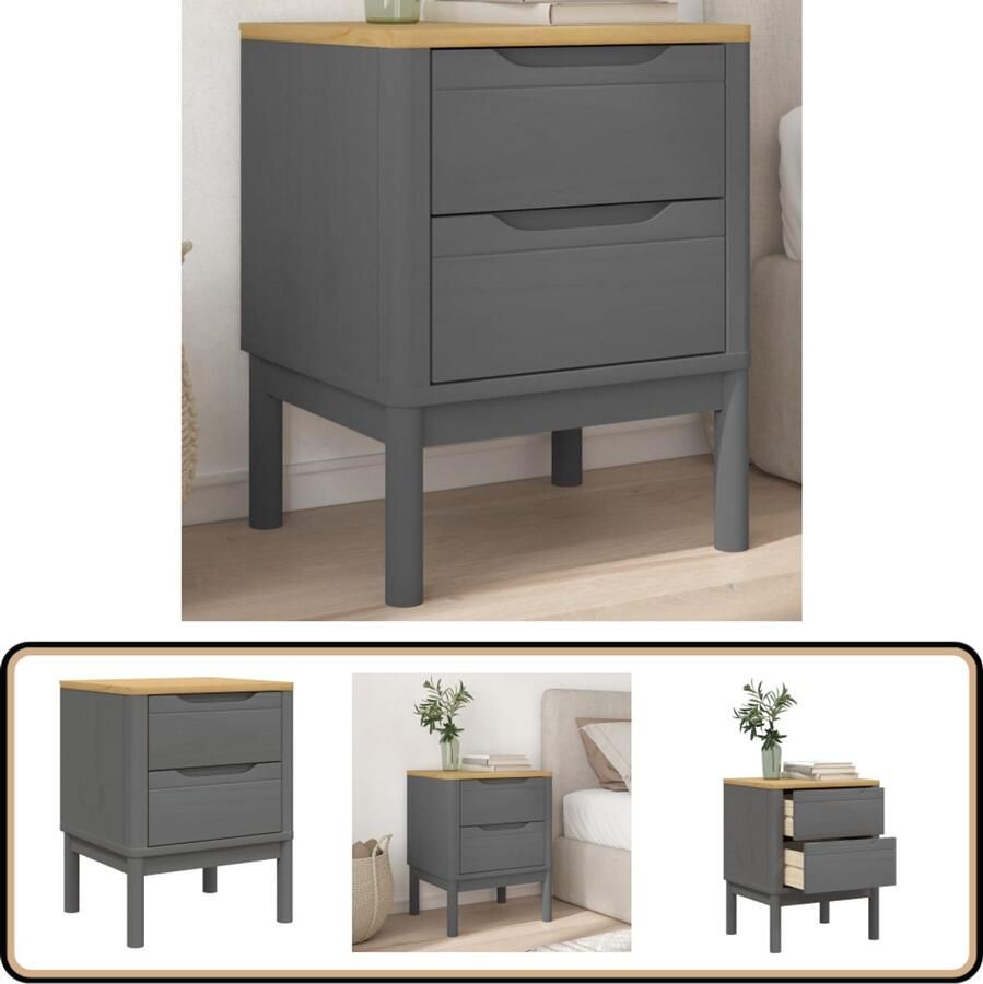 The Living Store Nachtkastje FLORO 45x39x57 cm massief grenenhout grijs Nachtkastje Nachtkast Grenoble Hout Massief Hout Slaapkamers