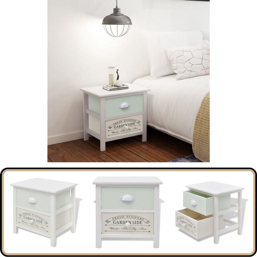 VidaXL Nachtkastje Franse stijl Hout 2 lades Nachtkastje Franse Stijl Landelijke Meubelen Wit Meubel Paulowniahout