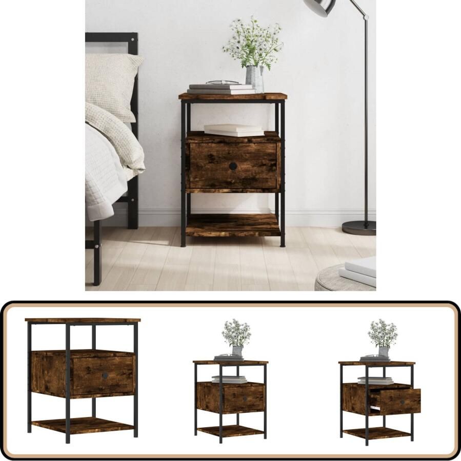 VidaXL Nachtkastje Gerookt Eiken 40x42x56 cm Nachtkastje Nachtkast Houten Nachtkast Industrieel Nachtkast Bruine Nachtkast Opbergruimte Vintage Nachtkast