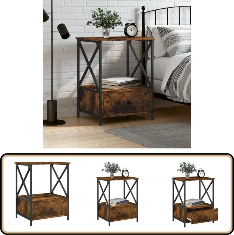 The Living Store Nachtkastje Industrieel Gerookt eiken 50x41x65cm Duurzaam hout ijzer Nachtkastje Industrieel Design Houten Nachtkast Roestvrijstalen Nachtkast Bruine Nachtkast - Foto 2