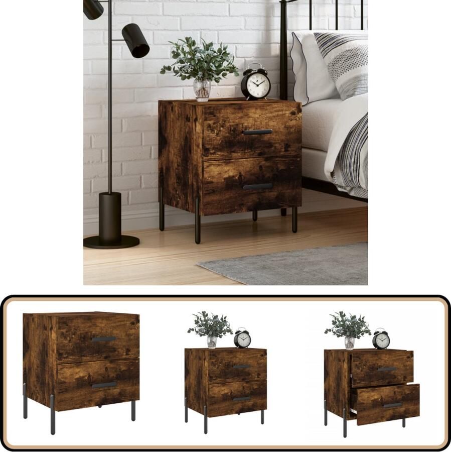 VidaXL Nachtkastje Gerookt Eiken Bewerkt Hout 40x35x47 5 cm Nachtkastje Kastje Slaapkamermeubel Houten Meubels Bruine Meubelen Vintage Meubel Modern Design Bergruimte Display Functie Metalen Poten