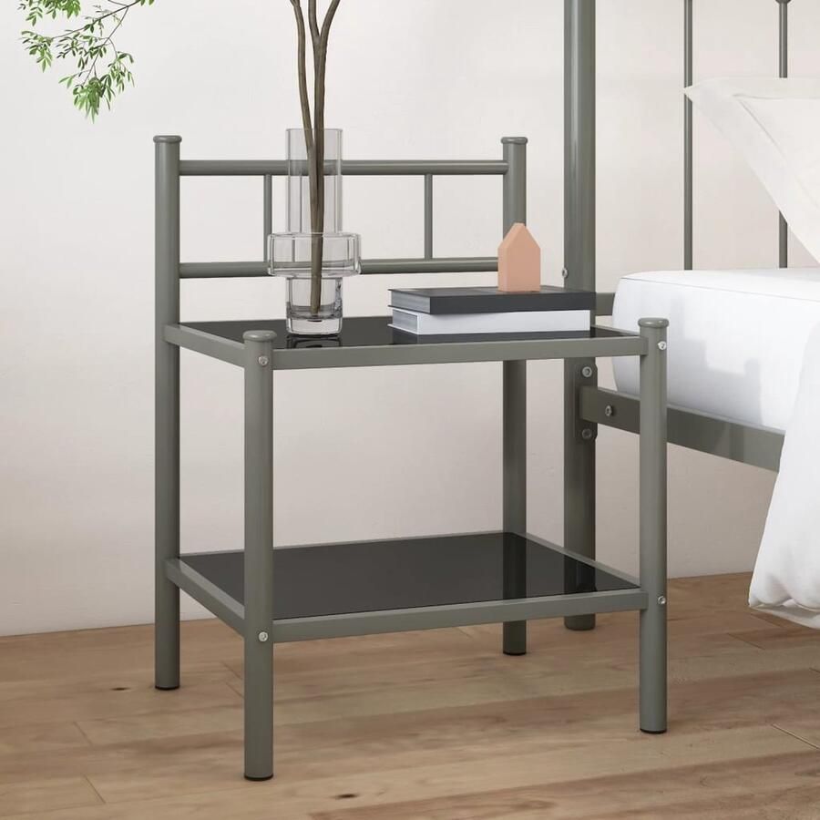 VidaXL Nachtkastje Glas & Metaal Grijs Zwart Nachtkastje Nachtlampje Sidetable Salontafel Stapelbare Meubelen Minimalistisch Meubilair Industriële Meubels Metalen Meubels Grijze Meubels Zwarte Meubels - Foto 2