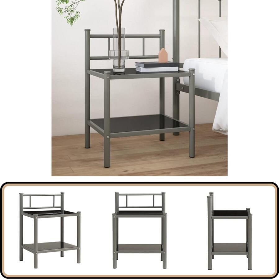 VidaXL Nachtkastje Glas & Metaal Grijs Zwart Nachtkastje Nachtlampje Sidetable Salontafel Stapelbare Meubelen Minimalistisch Meubilair Industriële Meubels Metalen Meubels Grijze Meubels Zwarte Meubels