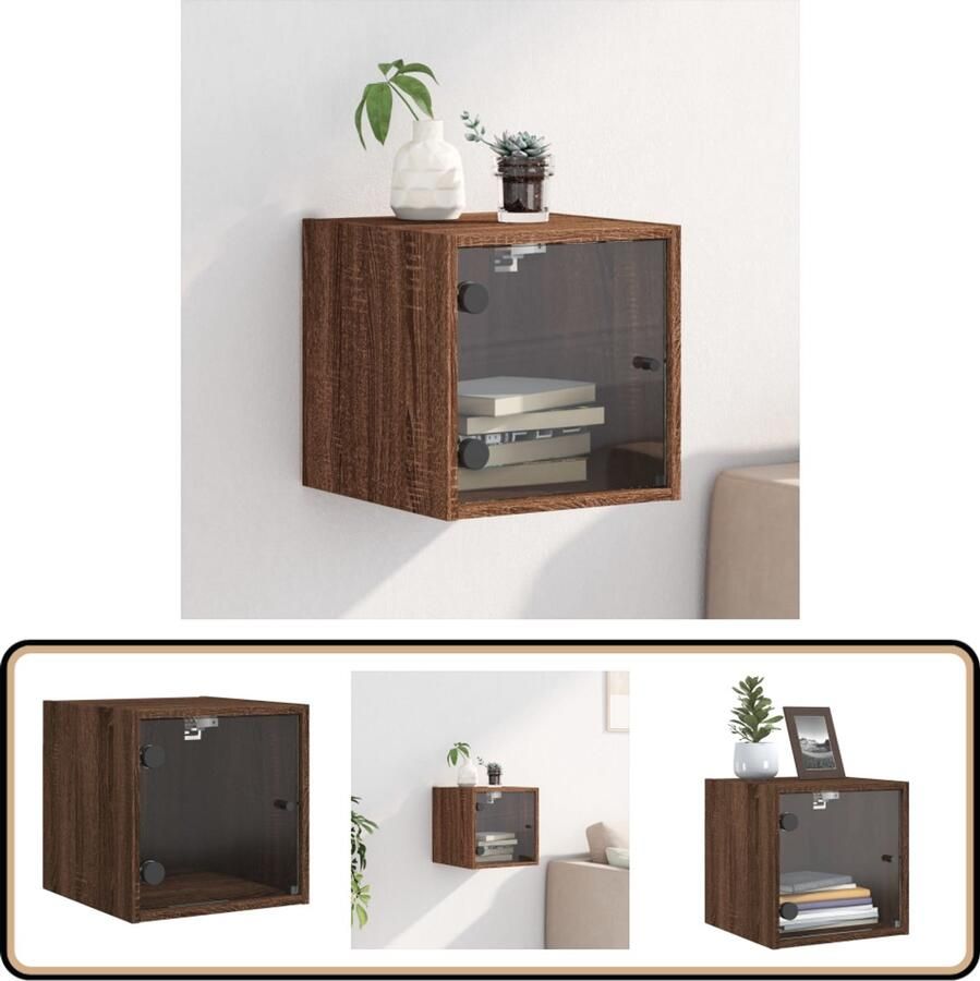 VidaXL Nachtkastje Glazen Deur 35x37x35 cm Bruineiken Wandlamp Nachtkastje Kastdeur Houten Meubilair Badkamer Accessoires