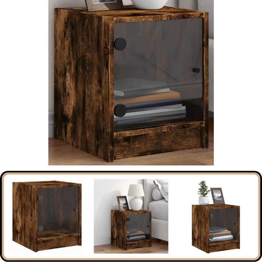 The Living Store Nachtkastje met glazen deur 35x37x42 cm gerookt eikenkleurig Nachtkastje Nachtkast Slaapkamermeubilair Houten Meubel Bruine Meubels
