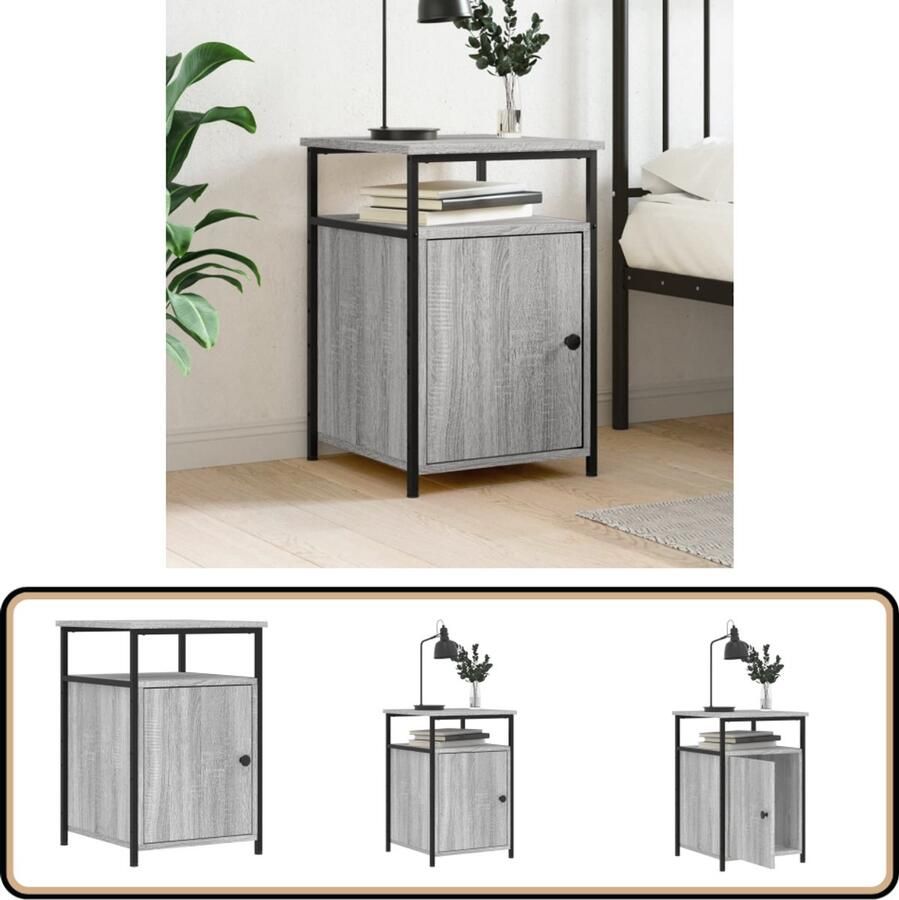 The Living Store Nachtkastje Grijs Sonoma Eiken 40 x 42 x 60 cm Duurzaam Hout en IJzer Nachtkastje Kast Slaapkamermeubel Houten Meubel Grijze Meubels - Foto 2