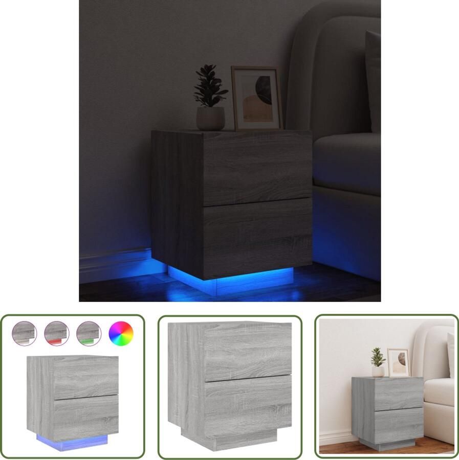 VidaXL Nachtkastje Grijs Sonoma Eiken Met LED Nachtkastje Led Verlichting Grijze Nachttafel Houten Nachtkastje Slaapkamermeubels Bergruimte Design Nachtkastje