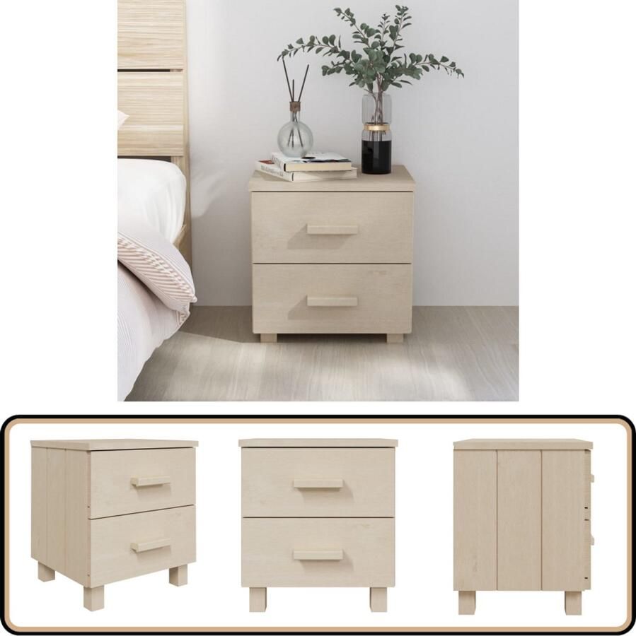 VidaXL Nachtkastje HAMAR 40x35x44 5 cm 2 lades Nachtkastje Kastje Slaapkamer Meubilair Massief Hout Grenenhout Honingbruin Vintage Stijl Design Meubel Opbergruimte Twee Lades Woonaccessoires