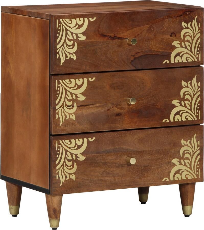 VidaXL Nachtkastje Honingbruin met gouden patronen Massief mangohout