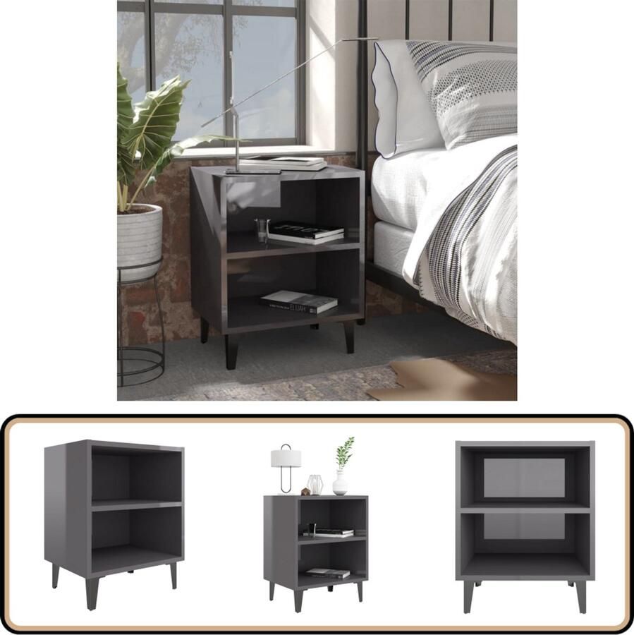 The Living Store Nachtkastje IndustriÃle Stijl 40x30x50 cm Hoogglans Grijs Metalen Poten Nachtkastje Industrieel Houten Nachtkastje Metalen Nachtkastje Met Planken