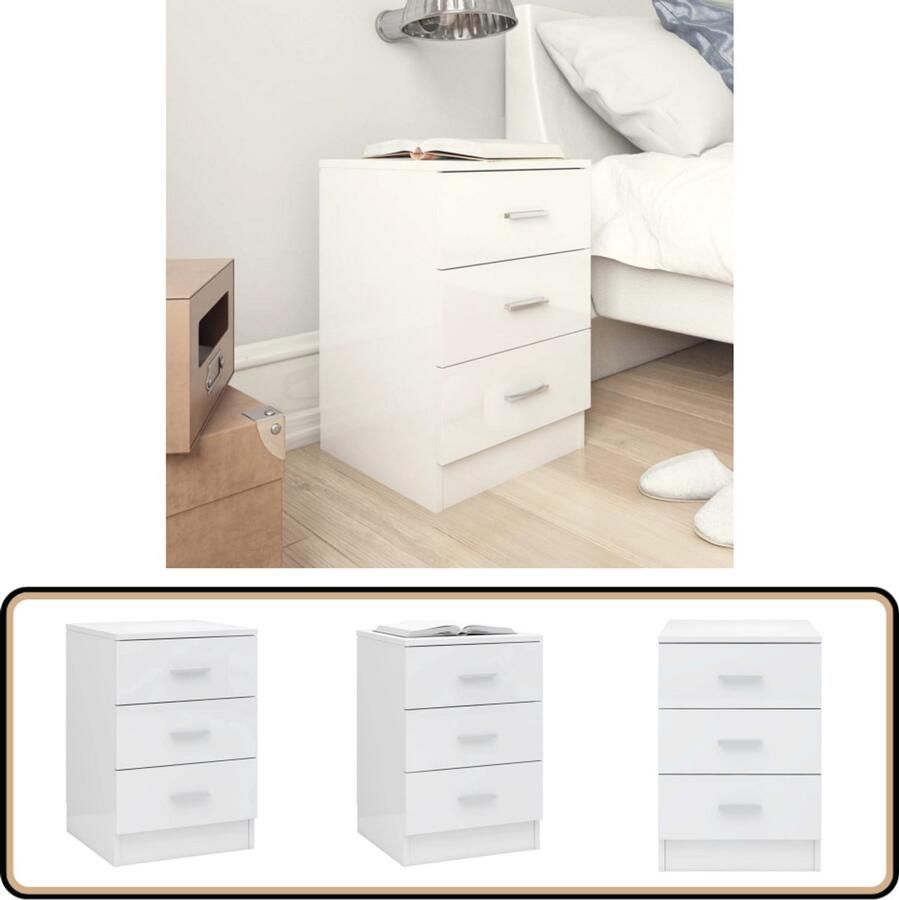 VidaXL Nachtkastje Hoogglans wit 38x35x56 cm Nachtkastje Klassiek Meubilair Houten Kast Wit Meubilair Opbergvakken Slaapkamersdecoratie Slaapkamervloer