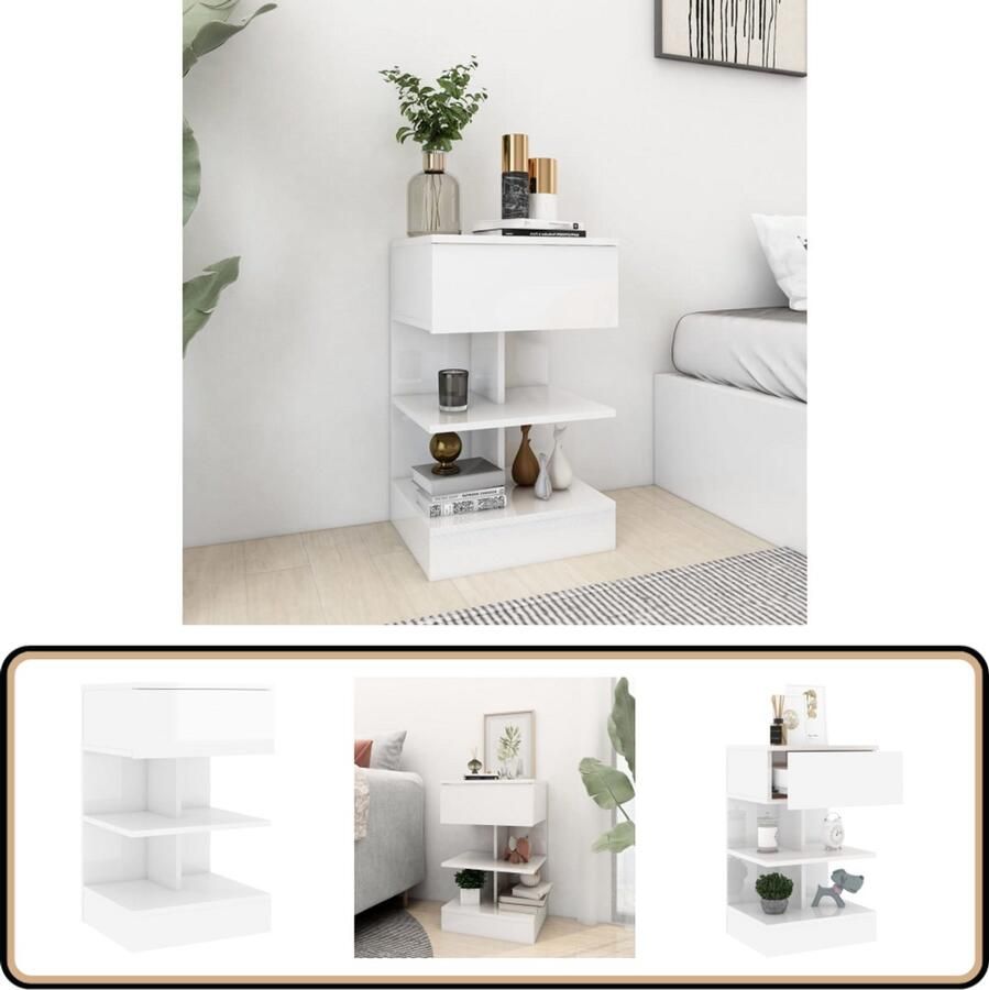 VidaXL Nachtkastje Hoogglans Wit 40x35x65 cm Nachtkastje Slaapkamerinrichting Nachttafeltje Sidetable Houten Nachtlamp