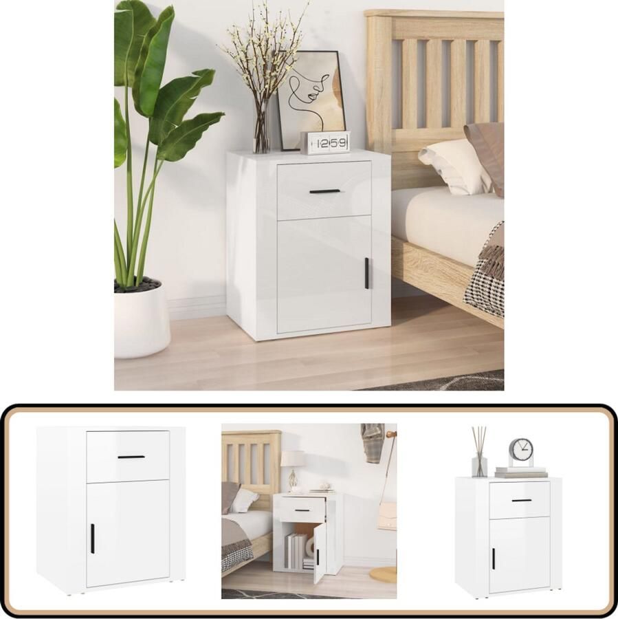 VidaXL Nachtkastje Hoogglans Wit 50x36x60 cm Nachtkastje Slaapkamermeubilair Kastje Bijzettafel Houten Meubel