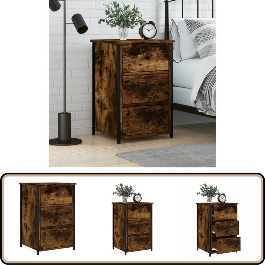 VidaXL Nachtkastje Hout en IJzer Gerookt Eiken 40x36x60 cm Nachtkastje Industrie Stijl Houten Kast Slaapkamer Meubel Opbergkast