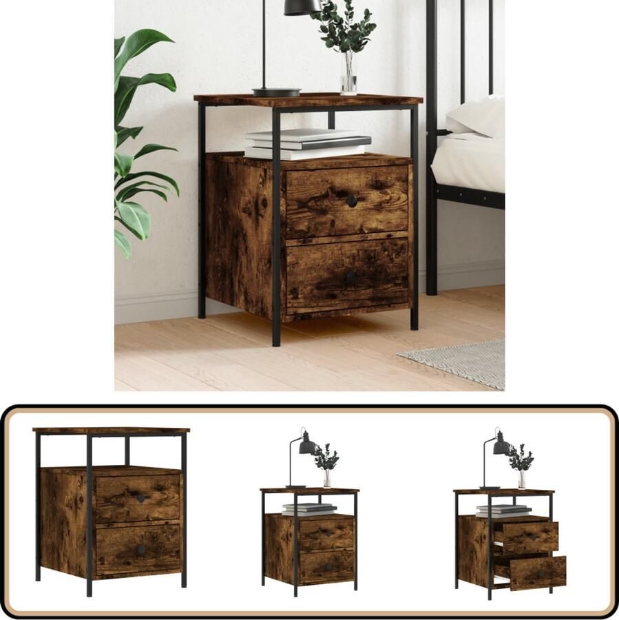 VidaXL Nachtkastje Hout & IJzer Gerookt Eiken Nachtkastje Industrieel Design Houten Kast Roestvrijstalen Frame Bergruimte