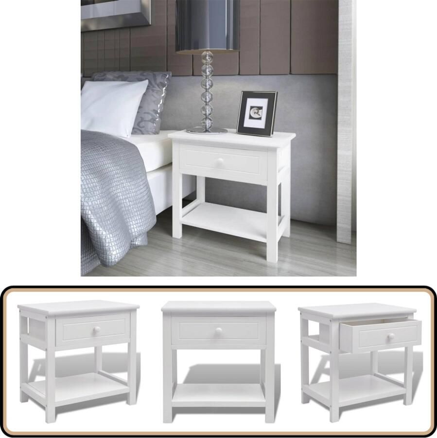 VidaXL Nachtkastje Hout Wit 1 Lade Nachtkastje Slaapkamermeubel Meubilair Witte Kast Paulowniahout Compact Meubel Bergruimte Tv Tafel