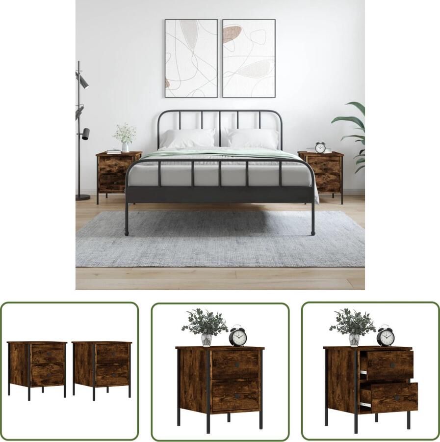 The Living Store Nachtkastjes 2 st 40x42x50 cm bewerkt hout gerookt eikenkleurig Industriele Nacht Kast Nachtkastje Industrieel Houten Nachtkast Bruine Nachtkast Met Lade - Foto 2