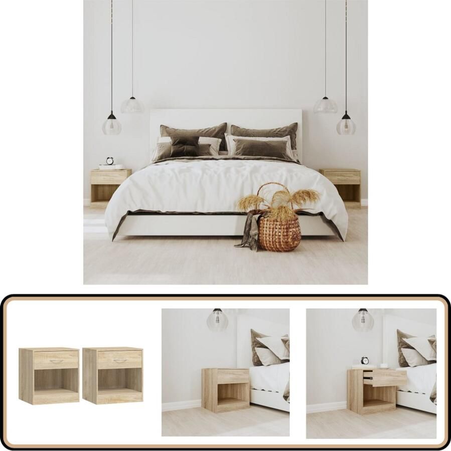 VidaXL Nachtkastje Lade Eikenkleur 2 stuks Nachtkastje Nachtkastjes Eiken Meubilair Houten Kast Slaapkamer Decoratie