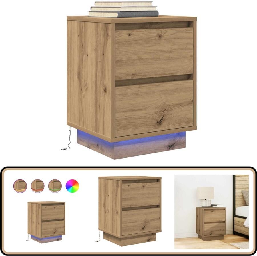 VidaXL Nachtkastje LED-verlichting Artisan Eiken Nachtkastje Nachtkastjes Bedkast Bedtafel