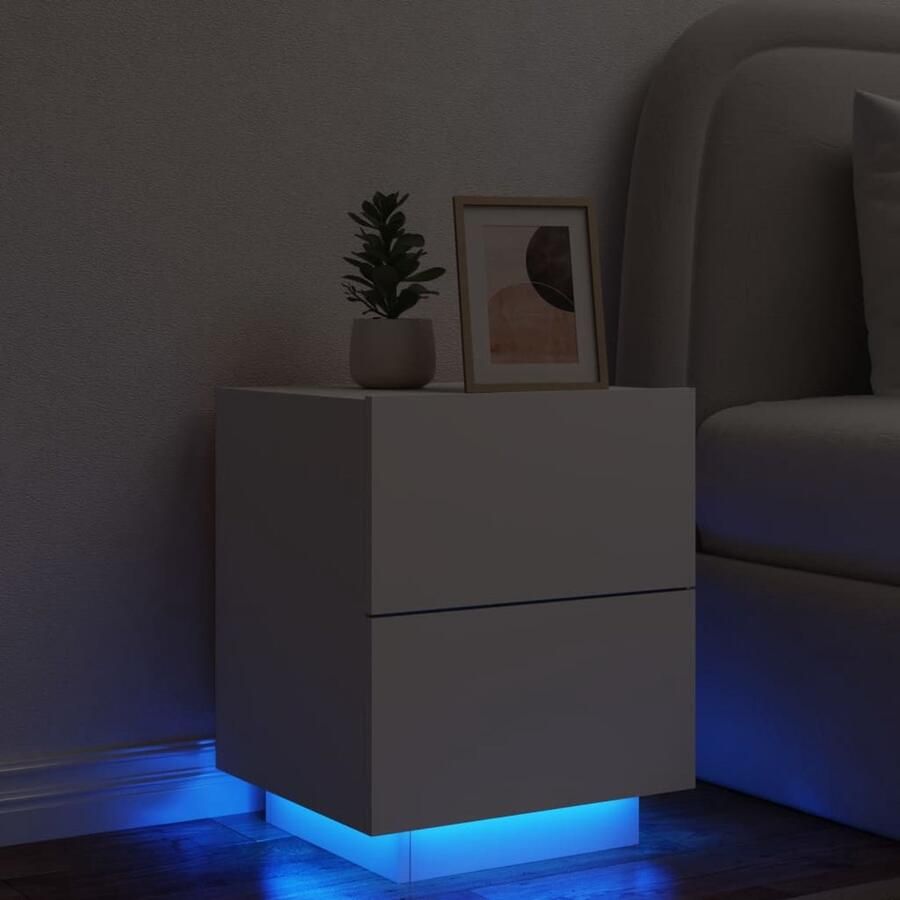 VidaXL Nachtkastje LED verlichting Bewerkt hout Wit Nachtlampje Led Lamp Nachtkastje Slaapkamermeubilair Houten Kast Opberglade Sidetable - Foto 2
