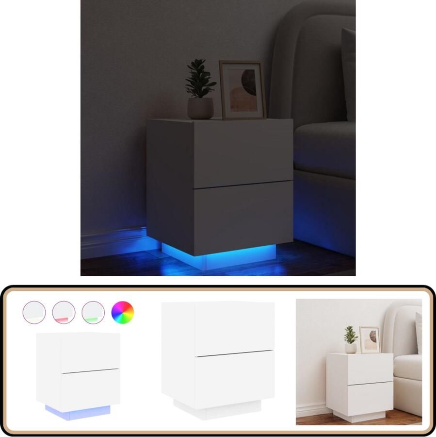 VidaXL Nachtkastje LED verlichting Bewerkt hout Wit Nachtlampje Led Lamp Nachtkastje Slaapkamermeubilair Houten Kast Opberglade Sidetable