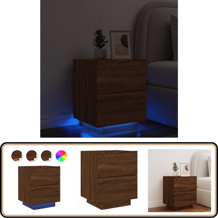 VidaXL Nachtkastje LED Verlichting Bruin Eiken Nachtkastje Led Lamp Bruin Eiken Houten Kast Slaapkamermeubels Opberglade Nachtlamp