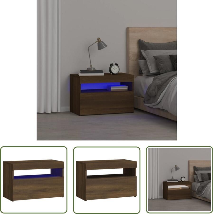 VidaXL Nachtkastje LED verlichting Bruineiken 60x35x40 cm Nachtkastje Houten Nachtkastje Eikenhouten Nachtkastje Led Lamp Nachttafel Nachtkast Met Licht Meubilair Slaapkamer Sidetable