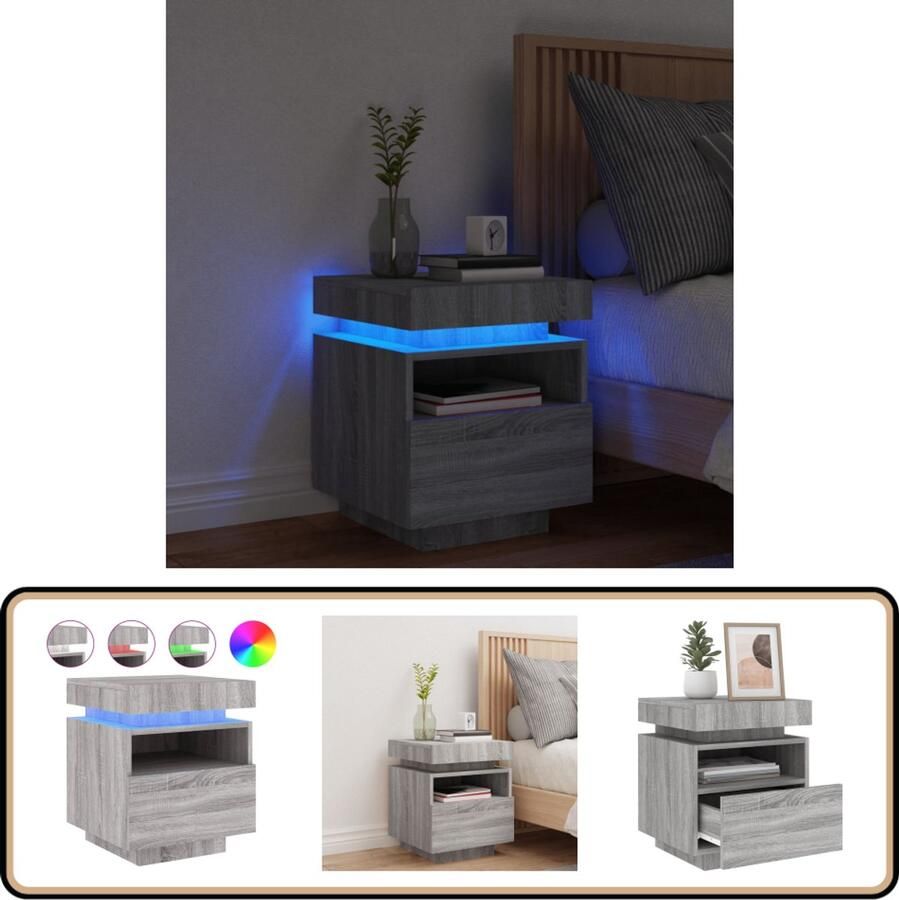 VidaXL Nachtkastje LED-verlichting Grijs Sonoma Nachtkastje Led Lamp Slaapkamers Kastje Houten Meubels Sonoma Eiken Grijze Meubelen Opbergruimte Usb Aansluiting