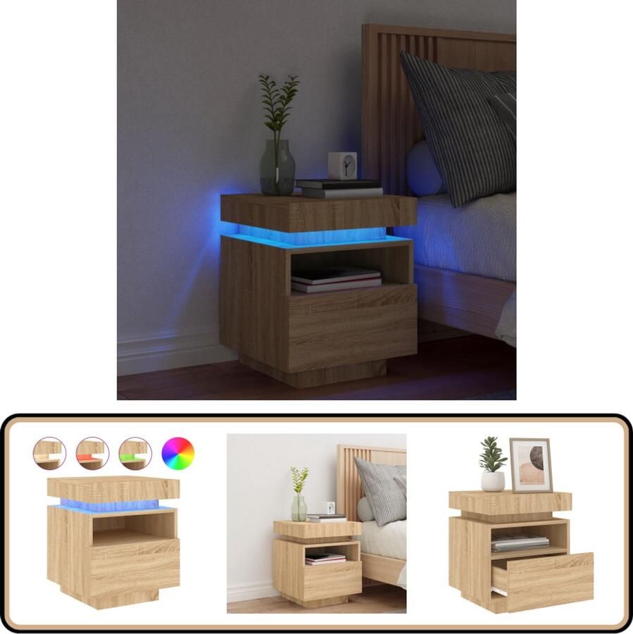 VidaXL Nachtkastje LED-verlichting Sonoma eiken Slaapkamer Kastje Nachtkastje Led Lamp Houten Kast Sonomaneiken