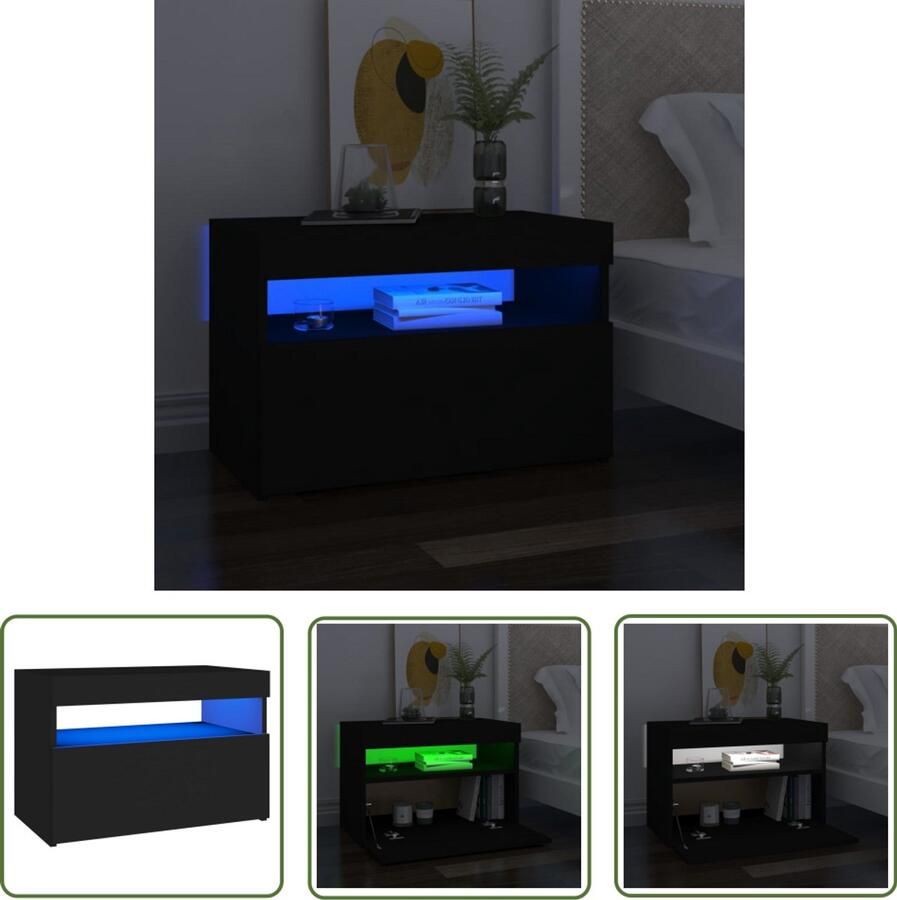 VidaXL Nachtkastje LED-verlichting Zwart bewerkt hout Nachtkastje Led Lamp Houten Meubilair Slaapkamersfeer Slaapkamervloer Zwarte Meubelen Modern Design Decoratief Item Multifunctioneel Meubel Usb Aansluiting