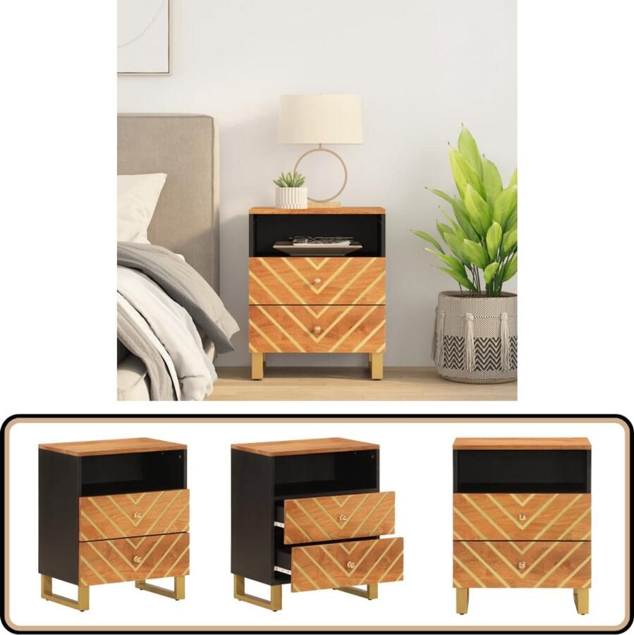 VidaXL Nachtkastje Mangohout 50x33x60 cm Bruin Zwart Nachtkastje Mango Wood Houten Kast Slaapkamerserie Sidetable Bedroom Furniture Vintage Look Industrieel Design