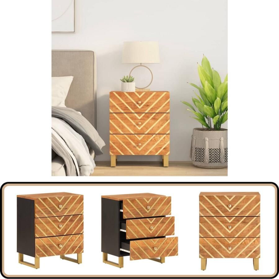 VidaXL Nachtkastje Mangohout 50x33x60 cm Bruin Zwart Nachtkastje Mangohout Houten Kast Slaapkamers Kamerdecoratie