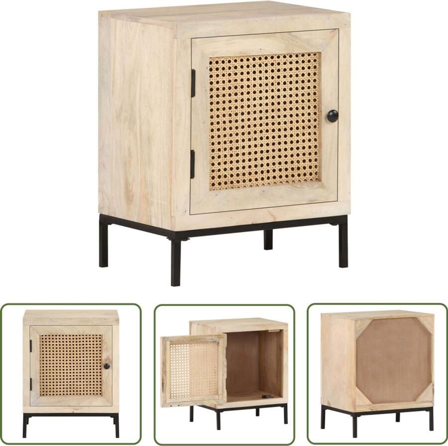 VidaXL Nachtkastje Mangohout & Riet 40x30x50cm Nachtaandtafel Mangohout Rustic Vintage Slaapkamermeubel Woonaccessoires