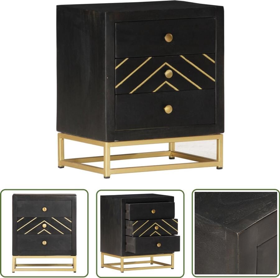 VidaXL Nachtkastje Mangohout Zwart en Goud 3 Lades Nachtkastje Retro Design Mangohout Zwart En Goud Vintage Kamermeubilair Slaapkamers Interieurdecoratie