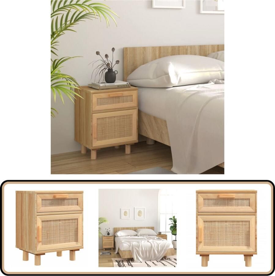 VidaXL Nachtkastje Massief Grenenhout Bruin Nachtkastje Scandinavisch Design Kastje Rattan Bruine Kleur Slaapkamermeubilair Opbergkast Bijzettafel