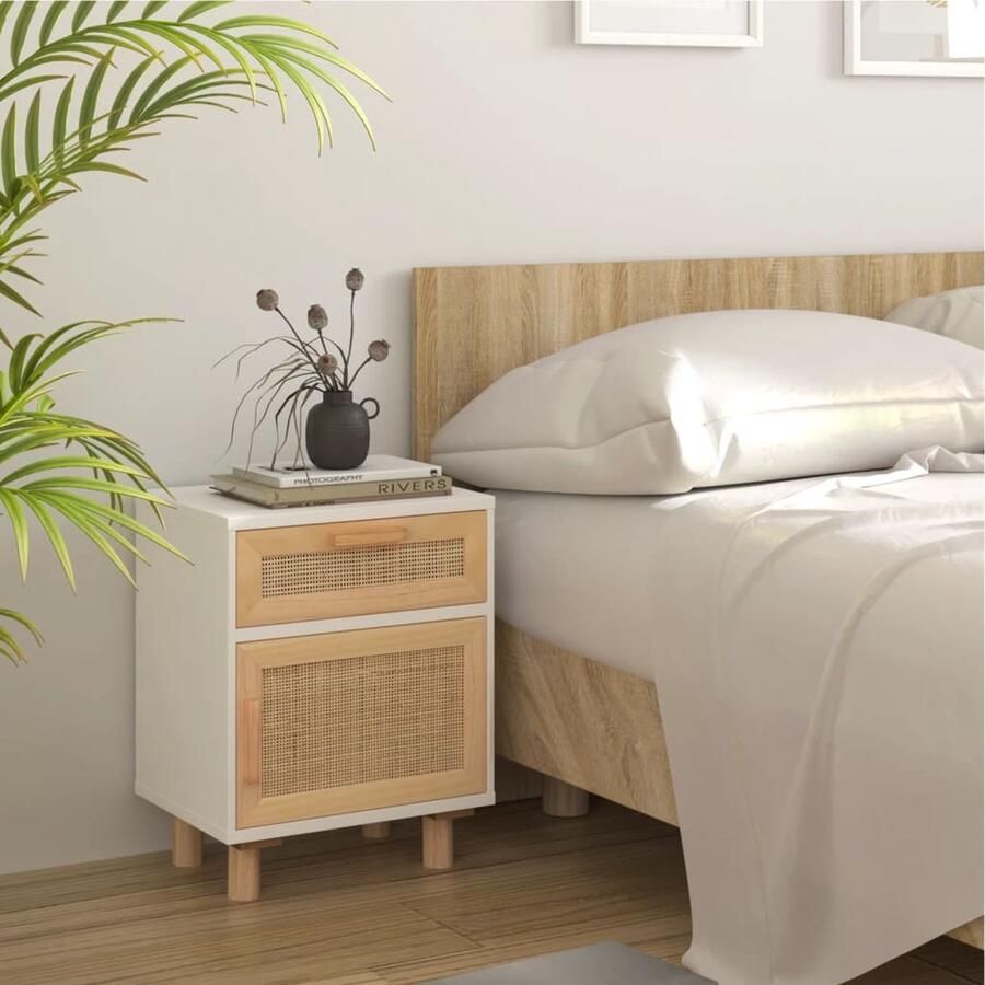 VidaXL Nachtkastje Massief Grenenhout & Rattan Wit Nachtkastje Scandinavisch Design Witte Kleur Opbergkast Slaapkamermeubilair Kastje Bijzettafel Woonaccessoires - Foto 2
