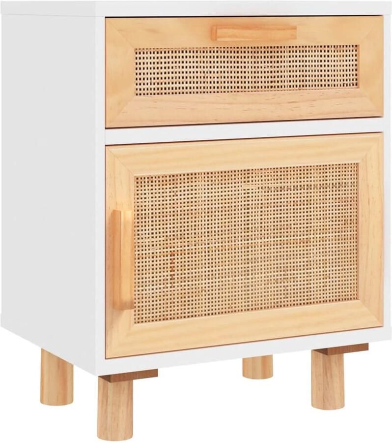 VidaXL Nachtkastje Massief Grenenhout & Rattan Wit Nachtkastje Scandinavisch Design Witte Kleur Opbergkast Slaapkamermeubilair Kastje Bijzettafel Woonaccessoires