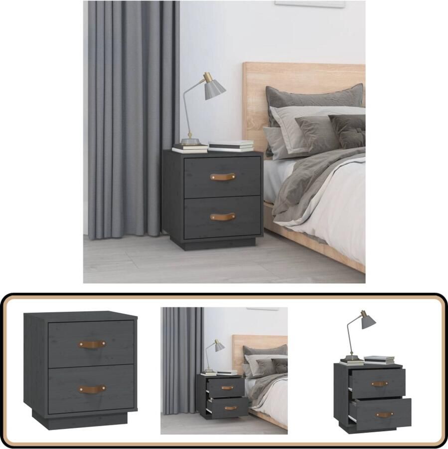 The Living Store Nachtkastje 40x34x45 cm massief grenenhout grijs Nachtkastje Massief Hout Grenenhout Nachtlamp Slaapkamersdecoratie