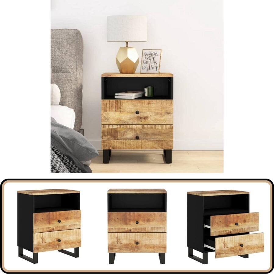 VidaXL Nachtkastje Massief Mangohout 50x33x62 cm Nachtkastje Industrieel Design Mangohout Houten Lade Slaapkamerdecoratie Vintage Look Bijzettafel