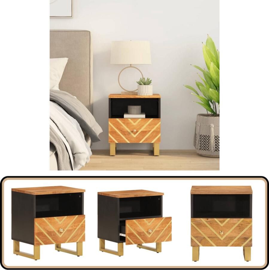 VidaXL Nachtkastje Massief Mangohout Bruin & Zwart Nachtkastje Mangohout Houten Kast Slaapkamers Opbergruimte Vintage Stijl Industrieel Design Modern Design Kamerdecoratie Woonaccessoires