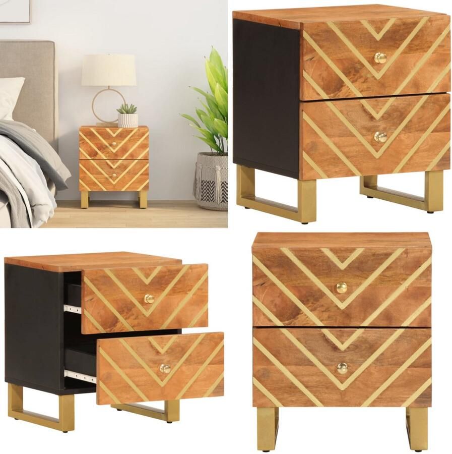 VidaXL Nachtkastje massief mangohout bruin en zwart Nachtkastje Nachtkastjes Houten Nachtkastje Houten Nachtkastjes